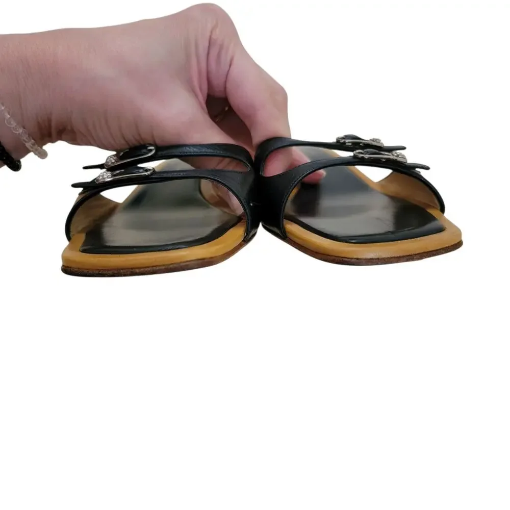 Chanel Vintage Y2K Black Tan Leather Camellia Mules Sandals Kitten Heels 7 37.5 - Picture 12 of 16